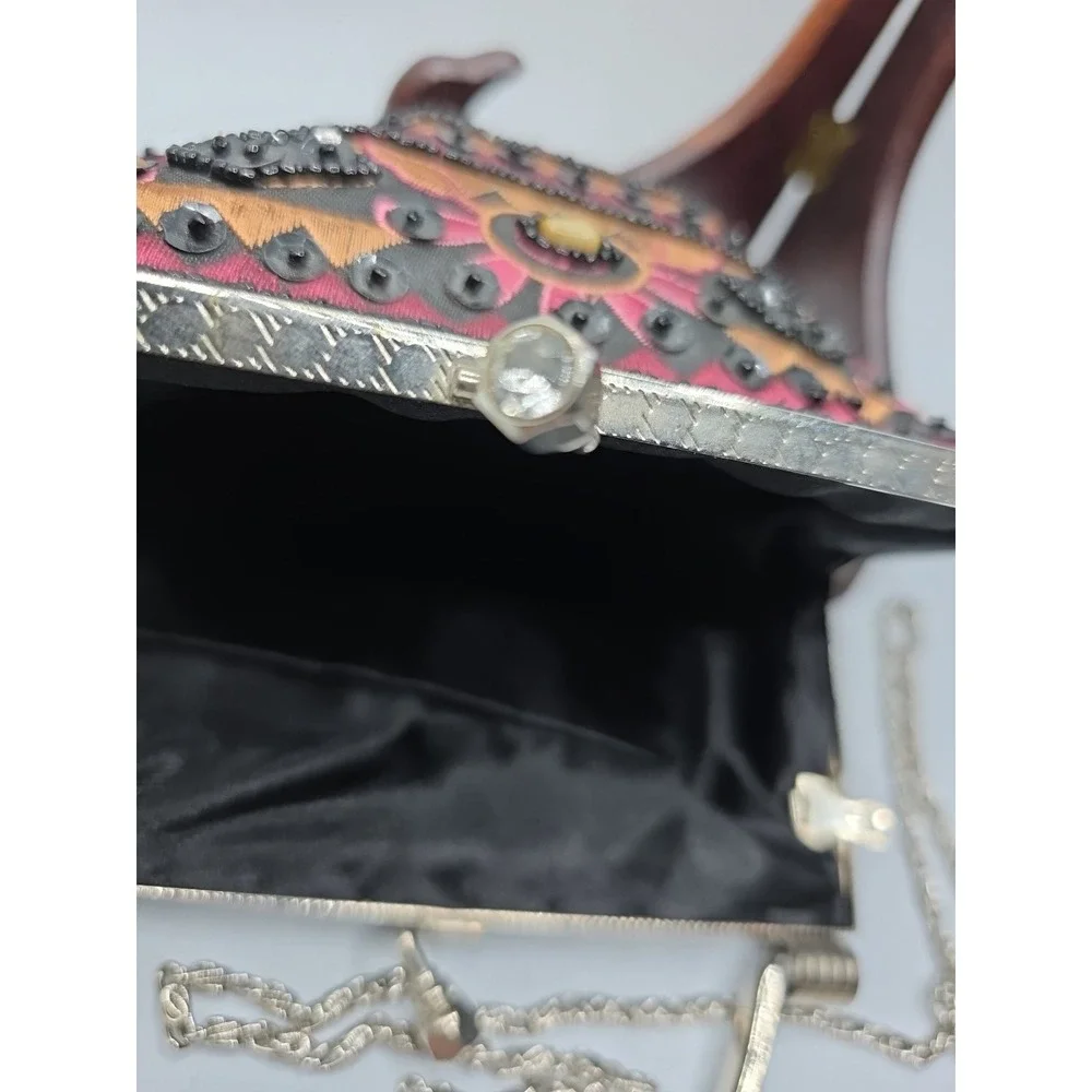 Beaded Evening Bag Silver Handle Clutch Purse Vintage Style Crossbody Strap 7